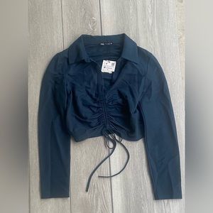 Zara Teal Green Ruched Top Long Sleeved Green V Neck Ruched Stretch Size Medium